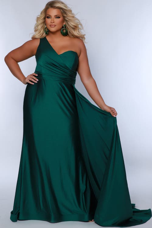 SYDNEY'S CLOSET SYDNEYS CLOSET SIMPLE ONE SHOULDER FITTED PLUS SIZE FORMAL DRESS WITH CAPE 