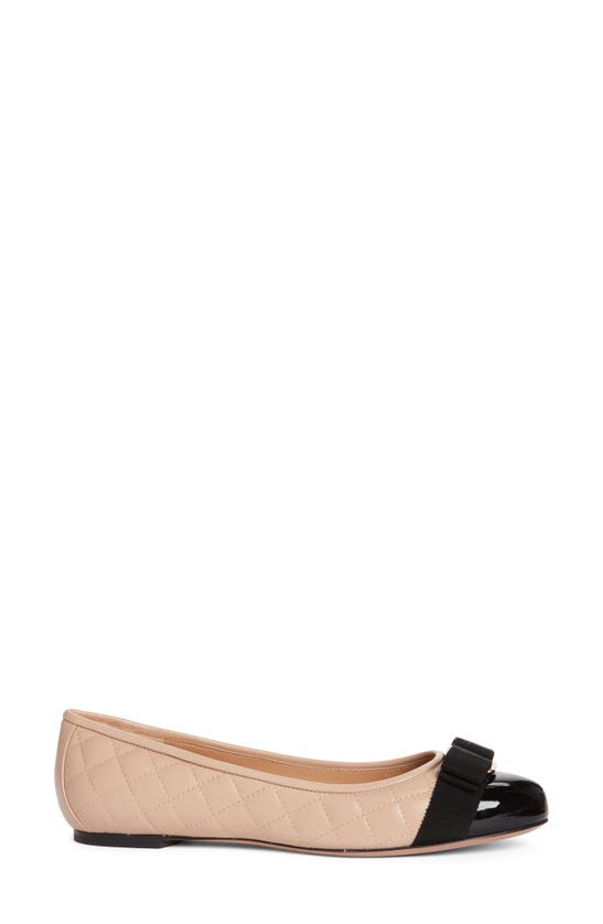 Ferragamo Varina Bow-embellished Quilted Smooth And Patent-leather Ballet Flats In New Bisque Black Patent