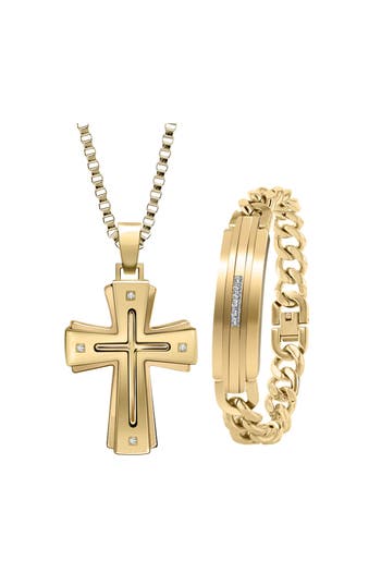 American Exchange Two-tone Cross Diamond Pendant Necklace & Bracelet Set In Gold