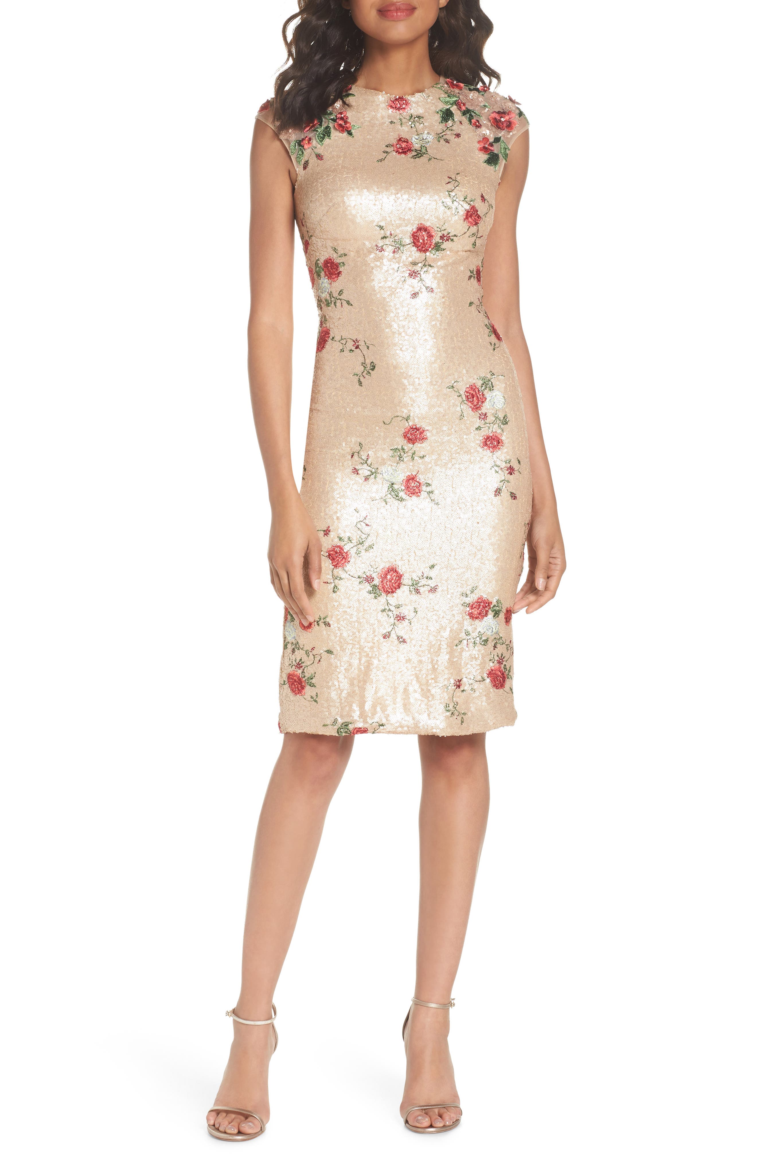 MAC Duggal Sequin & Embroidery Sheath Dress, Pink