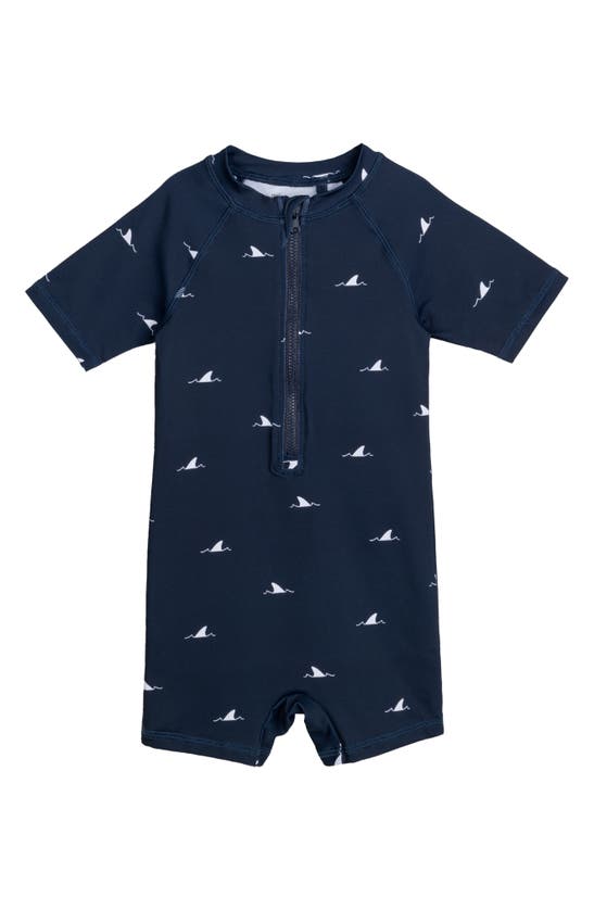 Miles The Label Babies' Shark Fins Short Sleeve One-piece Rashguard Swimsuit In Navy