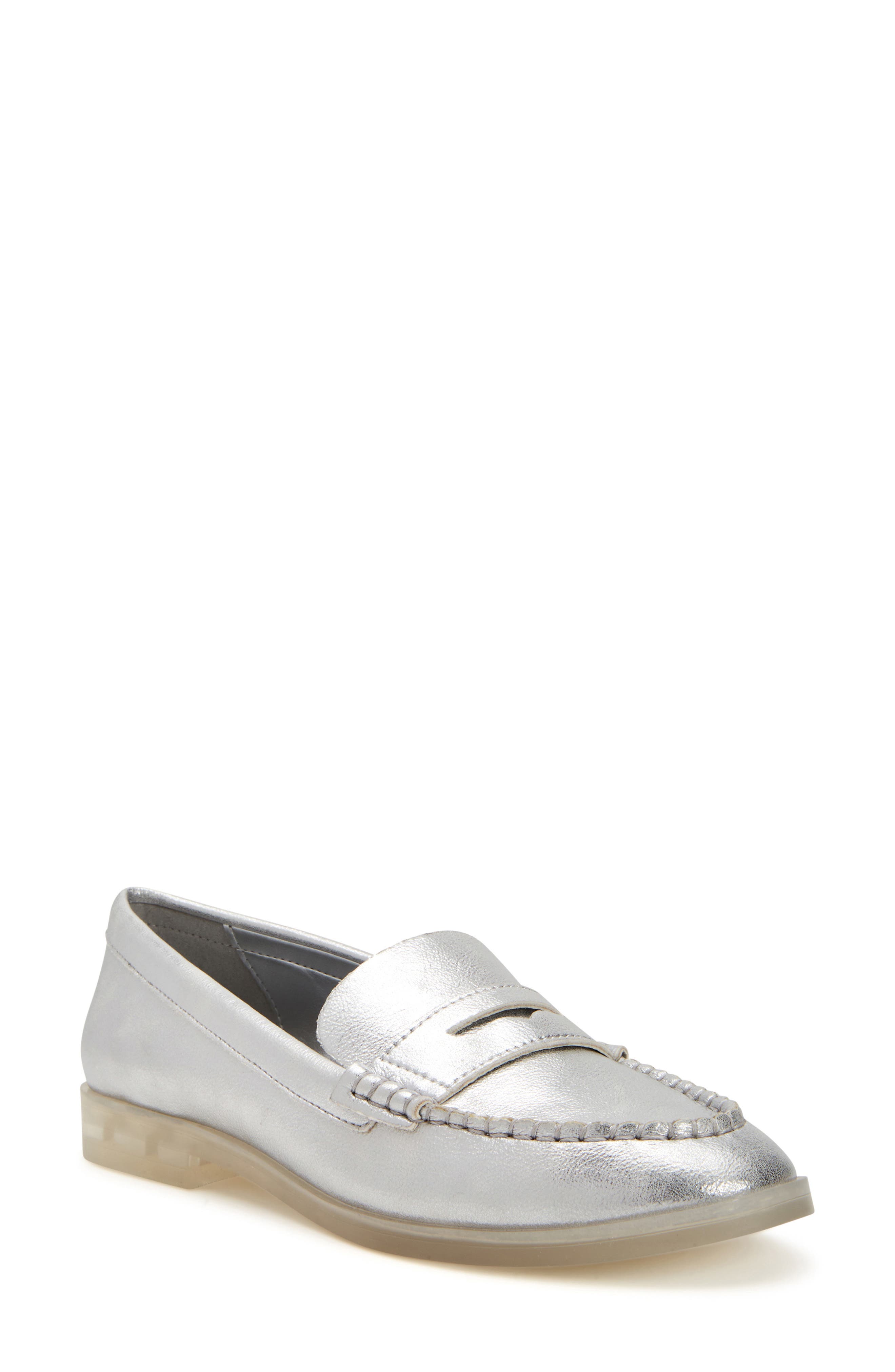 silver penny loafers