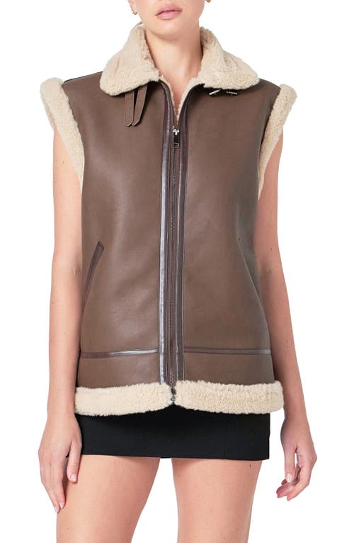 Endless Rose Faux Shearling Lined Faux Leather Vest In Chocolate Brown