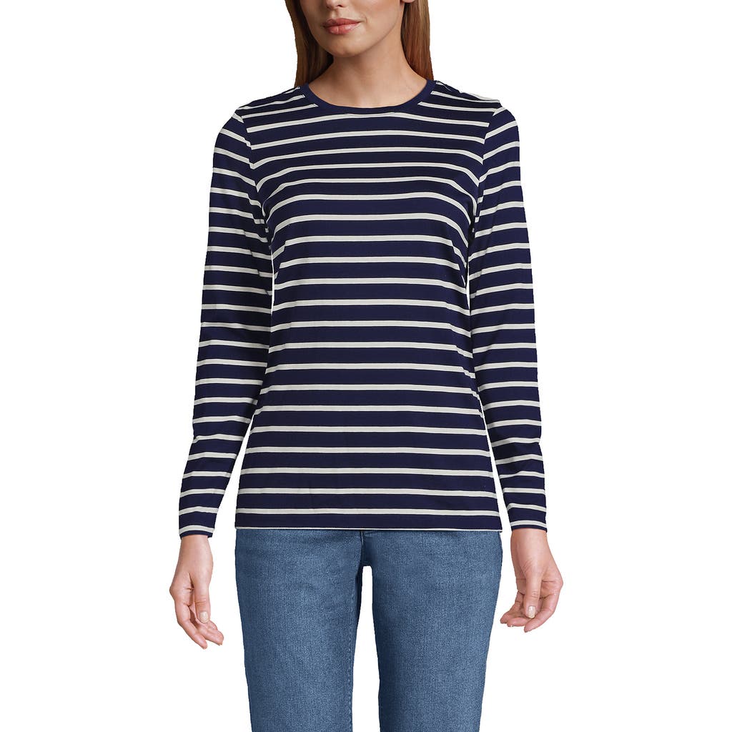Lands' End Relaxed Supima Cotton Long Sleeve Crew Neck T-shirt In Deep Sea Navy Breton Stripe