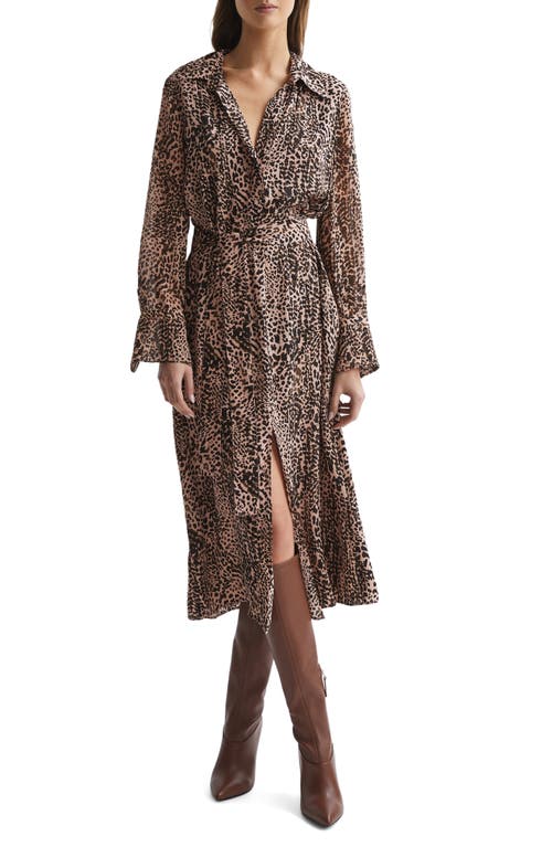 Reiss Tabitha Leopard Print Long Sleeve Shirtdress in Brown