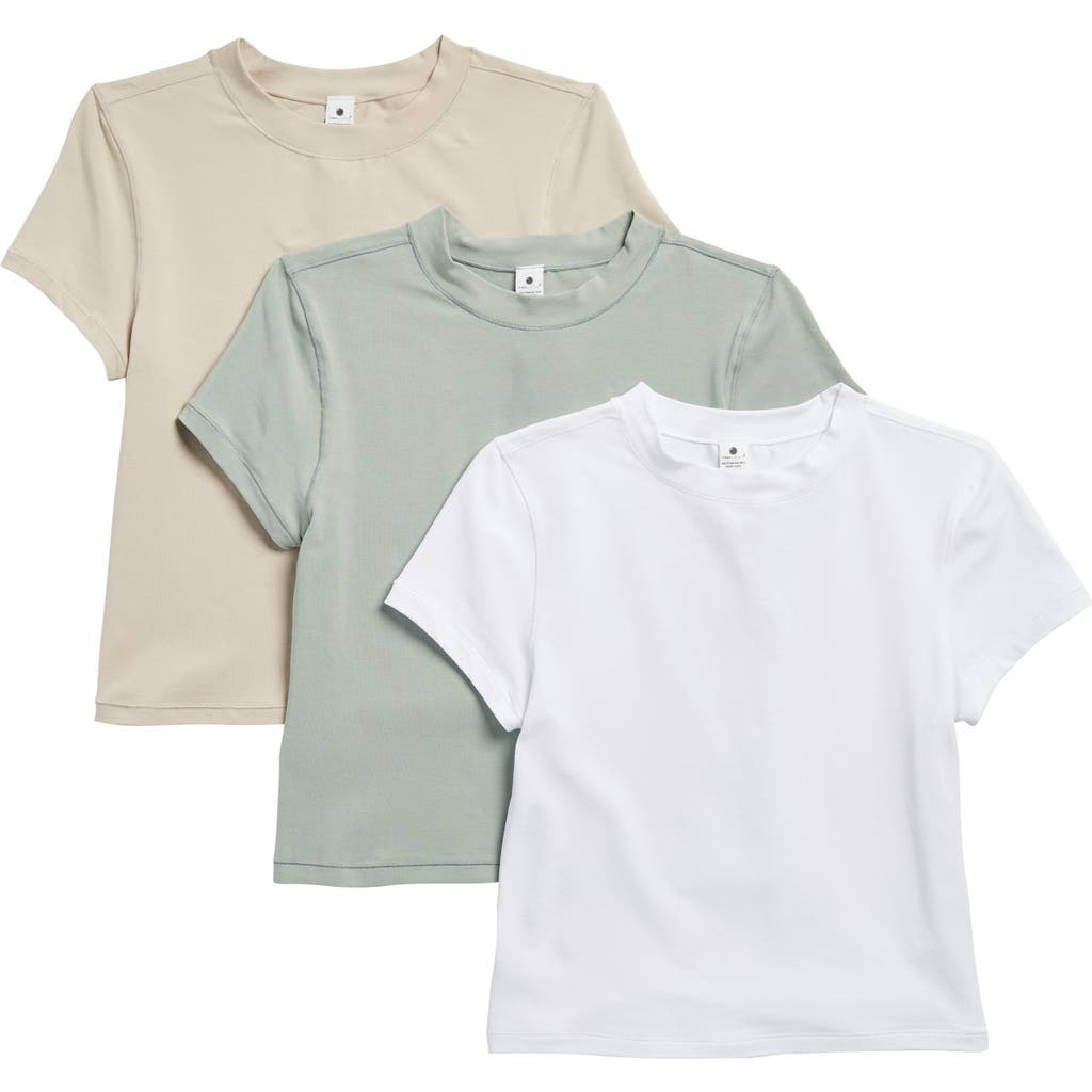 Shop Yogalicious 3-pack Airlite Melissa Mock Neck Crop T-shirts In White/nacreous Cloud/green