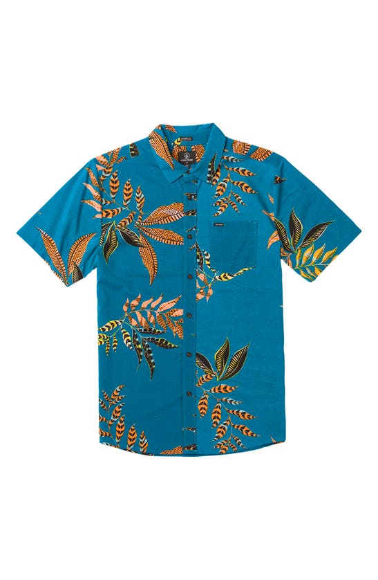 Shop Volcom Paradiso Floral Short Sleeve Button-up Shirt In Ocean Teal