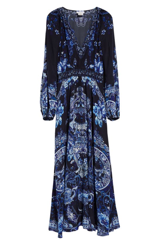 Shop Camilla Delft Dynasty Shirred Waist Long Sleeve Silk Maxi Dress