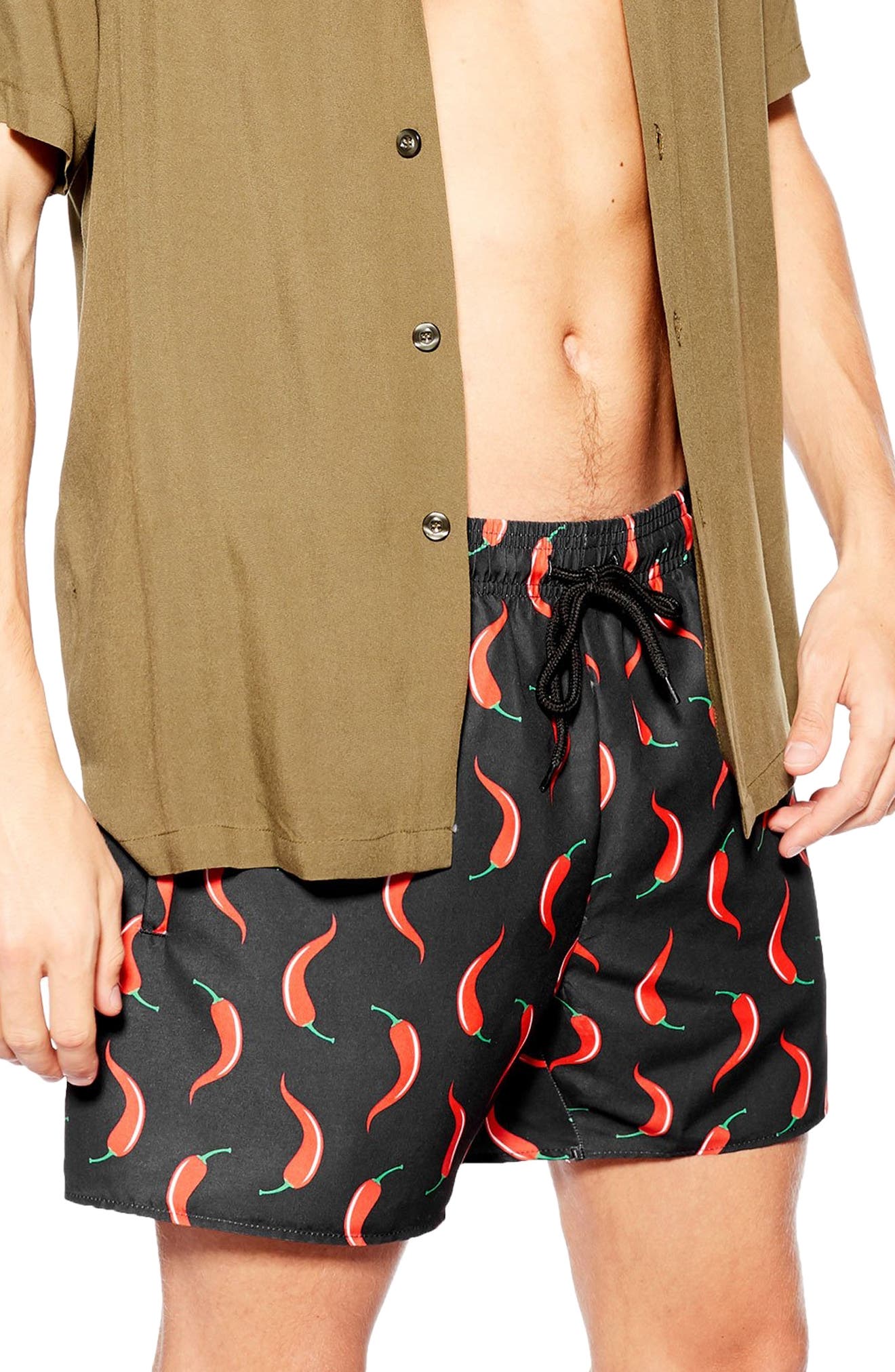 Topman Chili Print Swim Trunks, Black