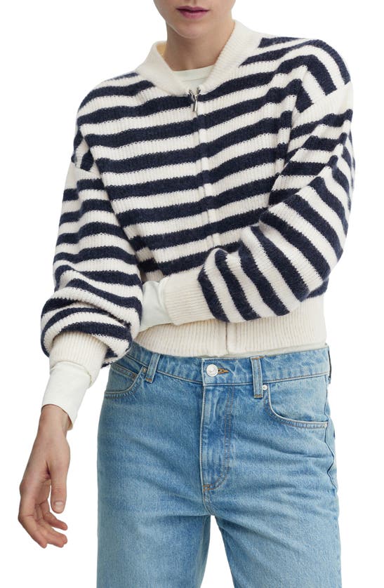 Shop Mango Stripe Zip Cardigan In Dark Navy