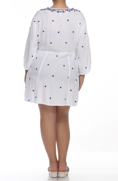 Shop Boho Me Embroidered 3/4 Sleeve Coverup In White W/navy