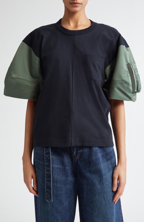 Shop Sacai Mixed Media Crewneck T-shirt In Navy B/khaki