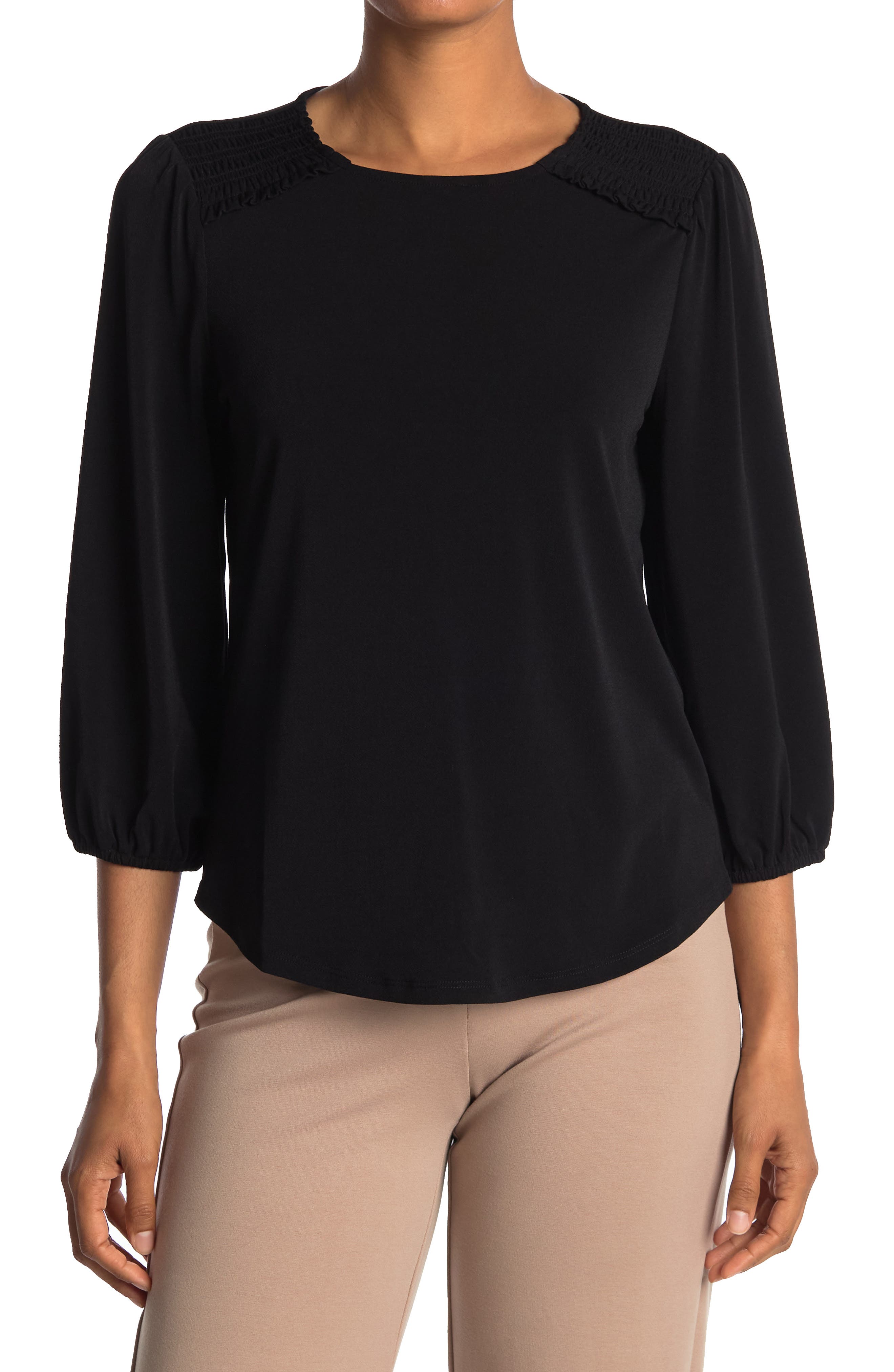 Adrianna Papell Smocked 3/4 Sleeve Moss Crepe Top In Oxford