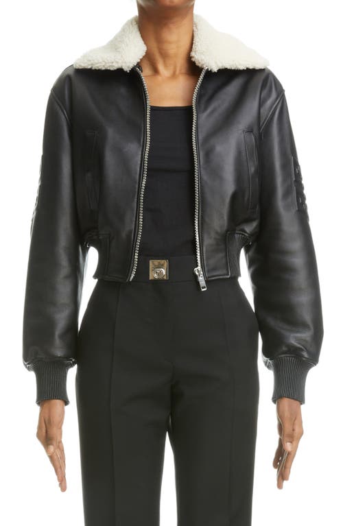 Givenchy 4G Logo Leather Crop Bomber Jacket with Genuine Shearling Collar in 001-Black