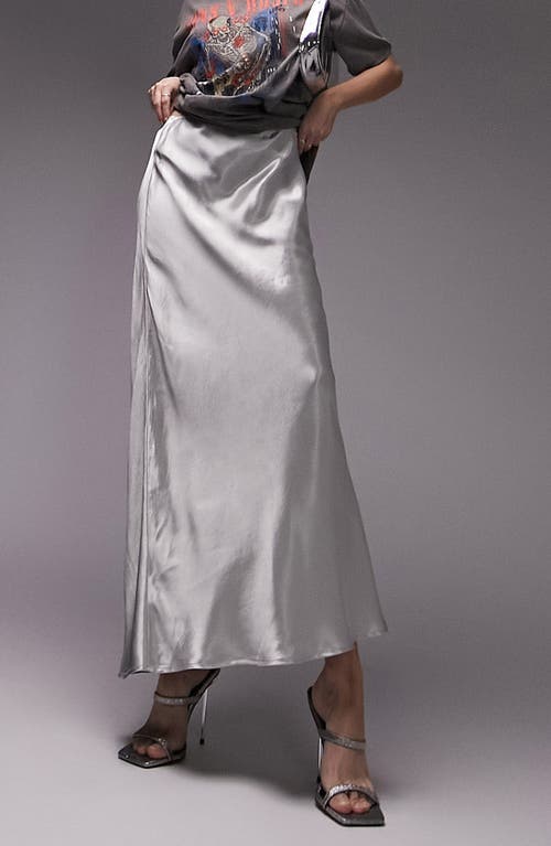 Topshop Bias Cut Satin Maxi Skirt in Silver