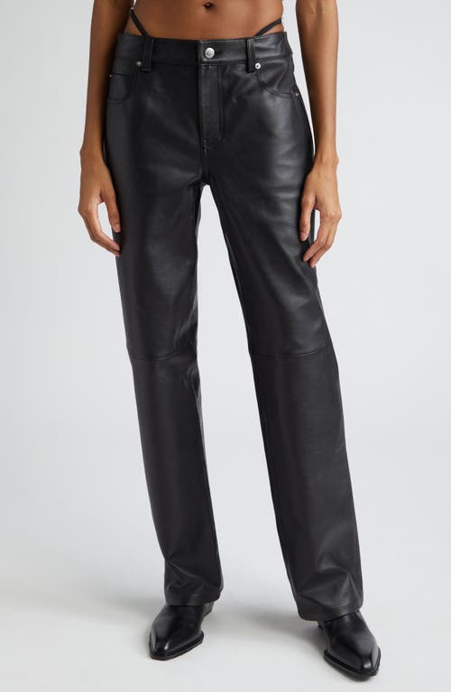 G-String Detail Leather Five-Pocket Pants in Black