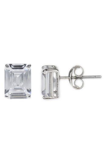 Shop Cz By Kenneth Jay Lane Emerald Cut Cz Stud Earrings In Clear/silver