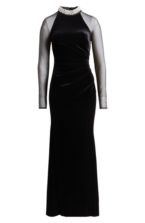 Shop Eliza J Embellished Ruched Long Sleeve Velvet Gown In Black