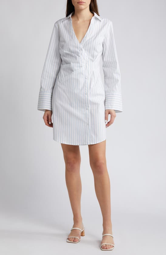 Shop French Connection Isabelle Stripe Long Sleeve Stretch Poplin Shirtdress In Linen White-cashmere