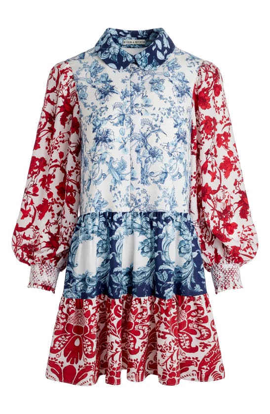 Shop Alice And Olivia Paulie Mixed Floral Balloon Sleeve Minidress In Blue