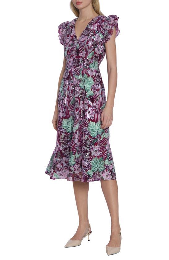 Shop Maggy London Floral Sequin Midi Dress In Purple Combo