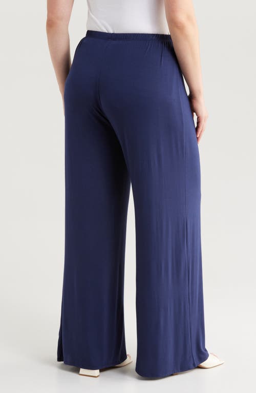 24seven Comfort Apparel Plus Size Elastic Waist Flared Leg Palazzo Pants In Navy
