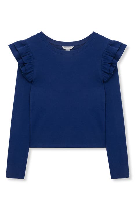 Kids' Ruffle Shoulder Long Sleeve Ribbed Knit Top (Big Kid)