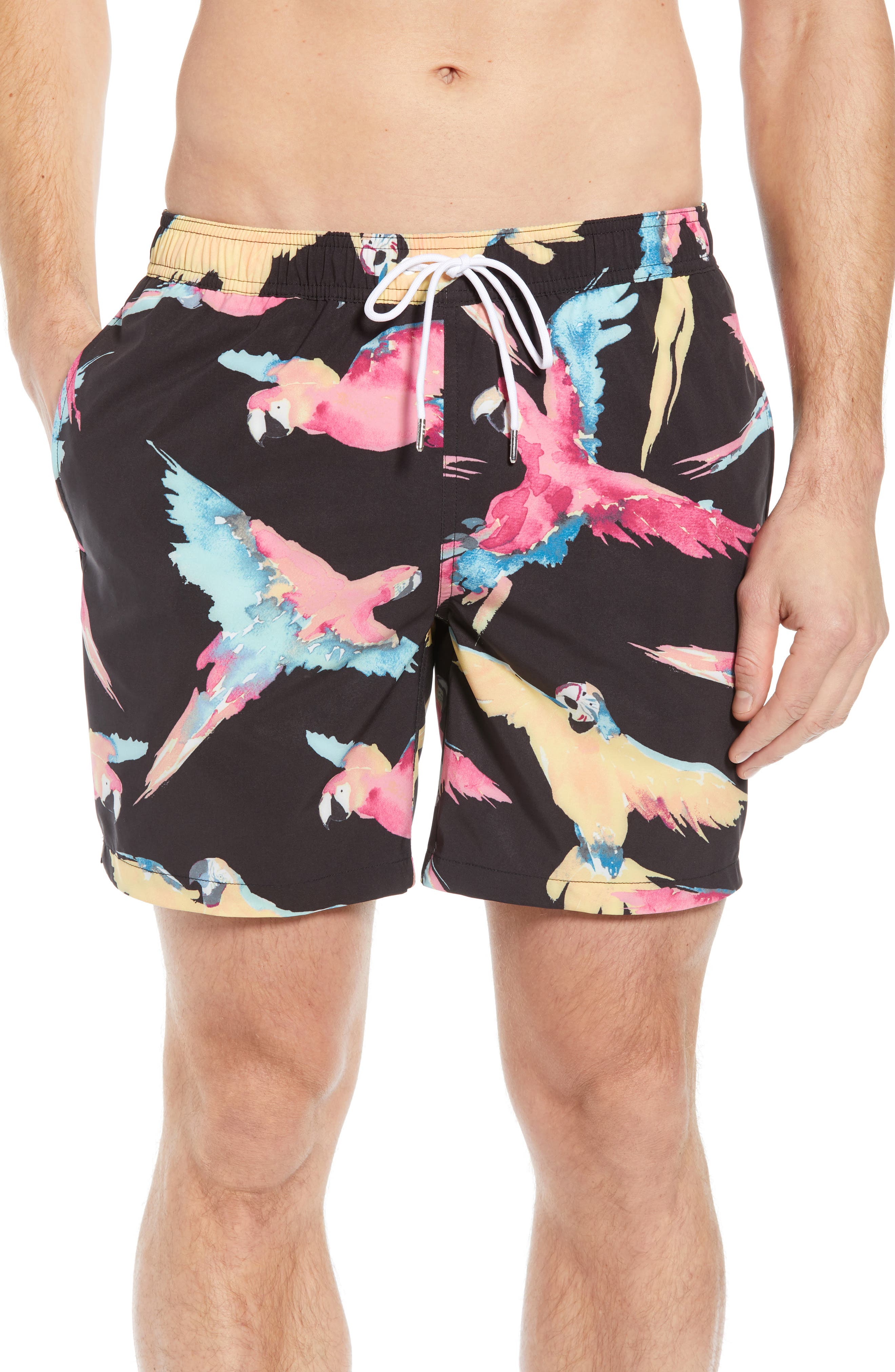 Bonobos Banzai 7-Inch Parrot Print Swim Trunks, Black