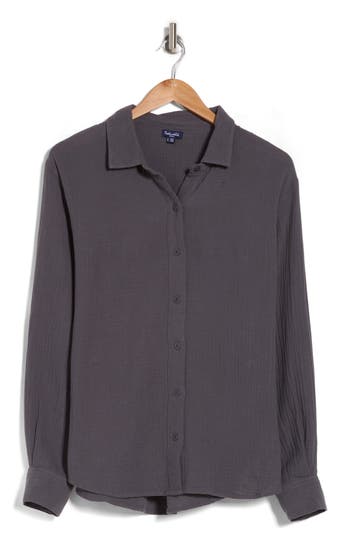 Splendid Cotton Gauze Long Sleeve Button-up Shirt In Gray