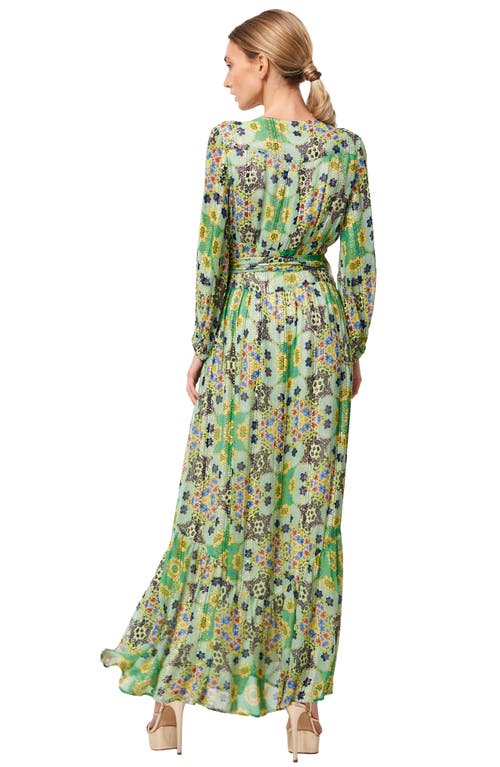Ciebon Shani Metallic Floral Print Long Sleeve Wrap Dress In Green Multi