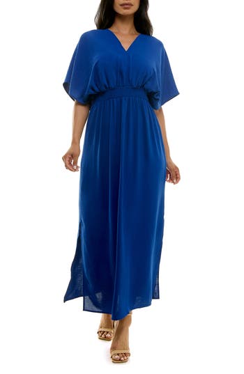 Nina Leonard Smocked Maxi Dress In Blue