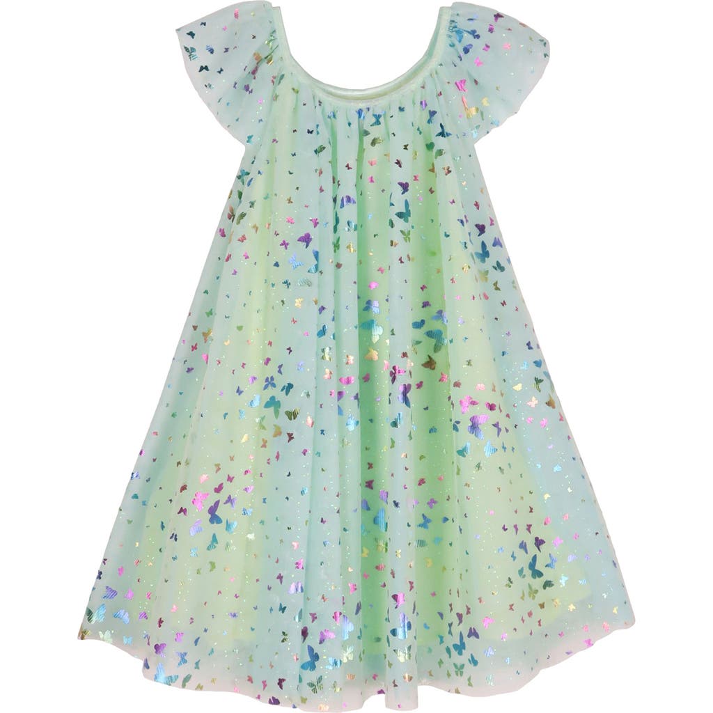 Zunie Kids' Foil Butterfly Party Dress In Lime/aqua