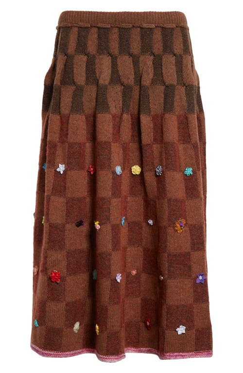 Shop Yanyan Floral Ribbon Checkerboard Knit A-line Wool & Cotton Blend Skirt In Brick