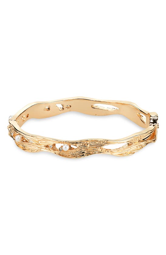Nordstrom Rack Imitation Pearl & Crystal Hinged Bangle Bracelet In Gold