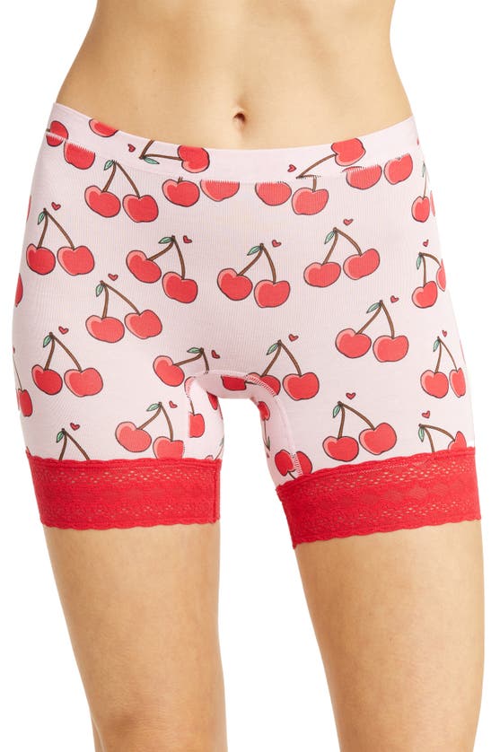 Meundies Feelfree Lace Trim Long Boyshorts In Cherries