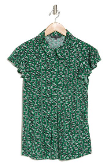 Adrianna Papell Flutter Sleeve Button-up Shirt In Green