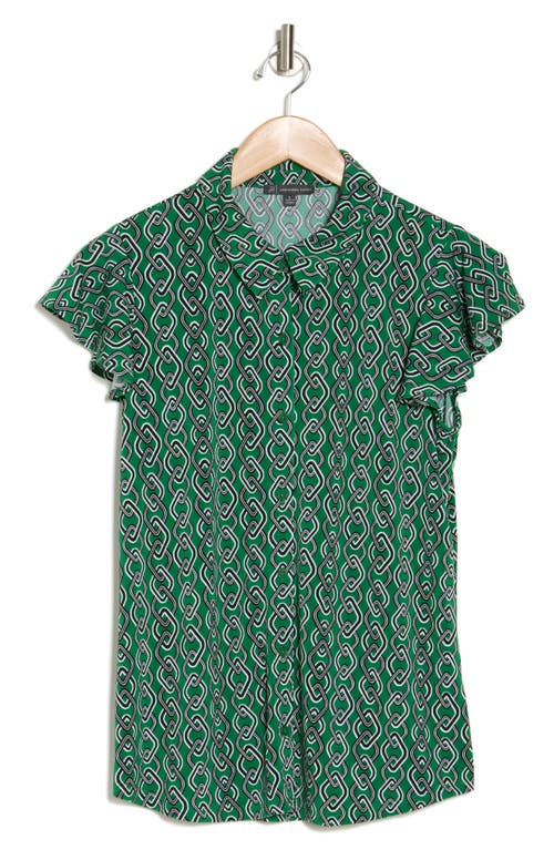 Shop Adrianna Papell Flutter Sleeve Button-up Shirt In Kimi Green Chain Multi