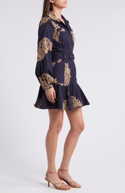 Shop Ciebon Ina Embroidered Long Sleeve Cotton Shirtdress In Navy Tan