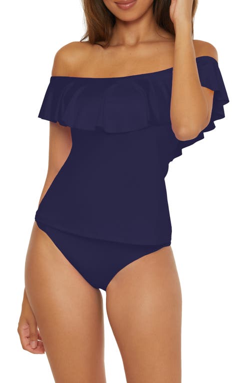 Shop Trina Turk Monaco Ruffle Off-the-shoulder Tankini Top In Navy