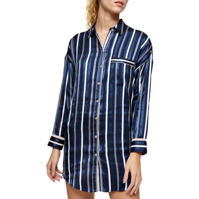 Topshop Stripe Satin Pajama Shirt, Blue