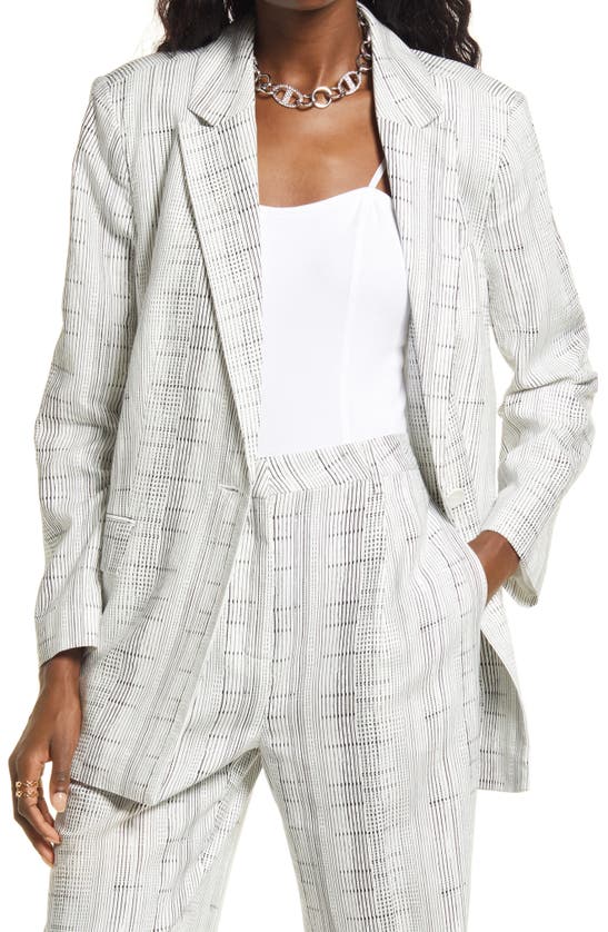 Open Edit Oversize Linen Blend Blazer In Ivory- Black Linear Stripe