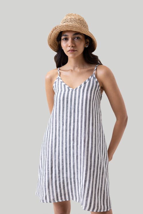 Shop Reistor Short Tent Dress With Back Tie In Striped Linen