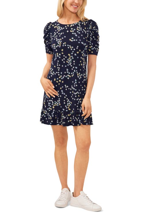 CeCe Floral Ruffle Hem Knit Minidress in Navy Blue Jay at Nordstrom, Size Large