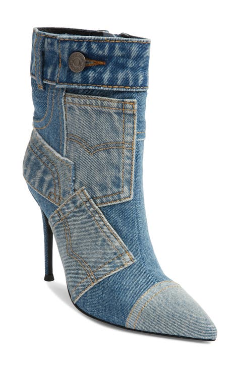 Women's Blue Denim Pointed Toe Thin High Heel Mid-calf Boots