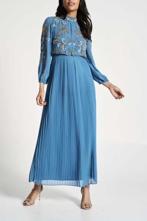 Shop Frock And Frill Floral Embellished Gown With Pleated Skirt In Majolica Blue