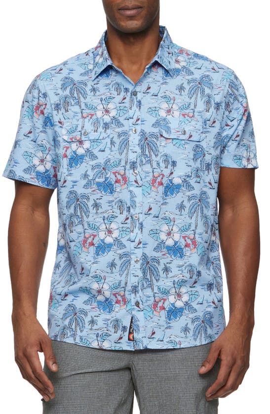 Flag And Anthem Tropical Print Short Sleeve Performance Shirt In Light Blue Combo