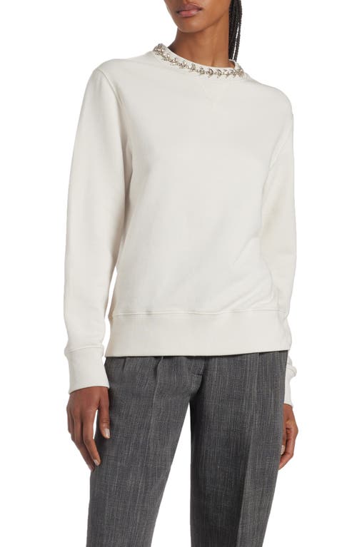 Crystal Embellished Cotton Crewneck Sweatshirt in Heritage White