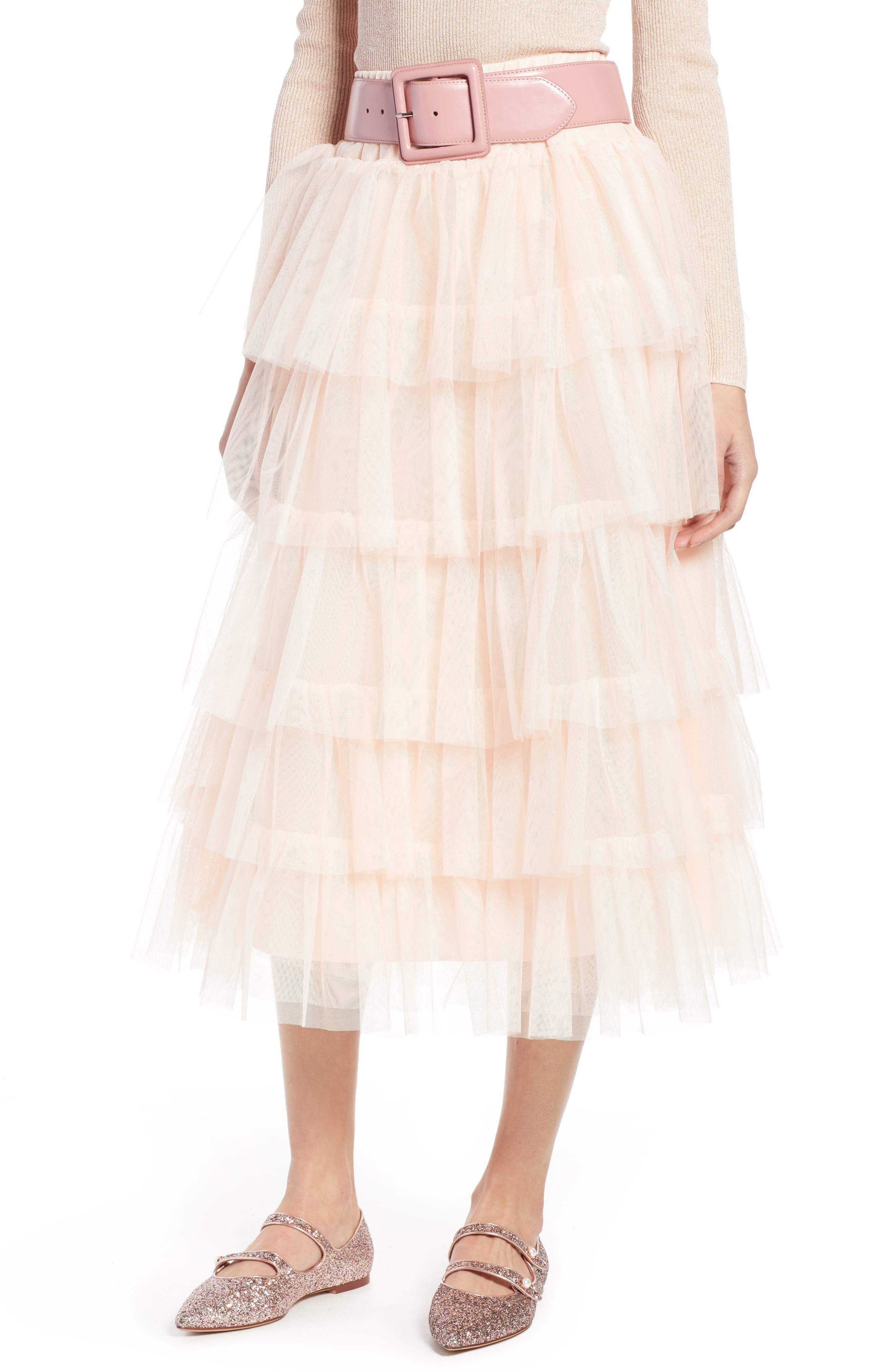 High Waisted Layered Tulle Ruffle Midi Skirt Beige 2024 espacioeje