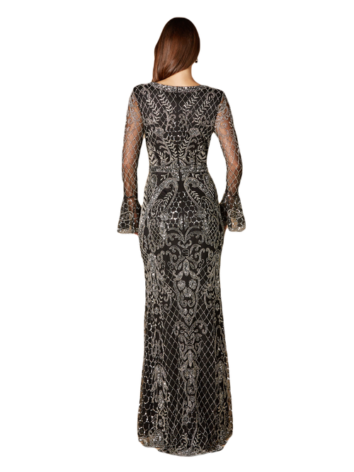 Lara New York Long Bell Sleeve V-neck Beaded Gown In Blacksilver