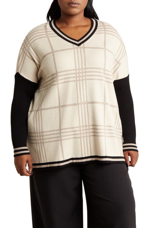 Oversize Plaid V-Neck Sweater (Plus)